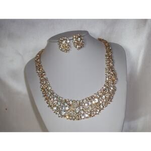 Gold Statement Rhinestone Necklace Set Bridal, Wedding Prom MOB Party Necklace